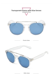 Detail view of transparent sunglasses frames with blue lenses and metal bridges