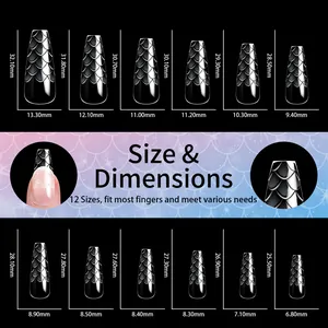 Tableau des 12 tailles d'ongles longs amande avec motif d'écailles et dimensions