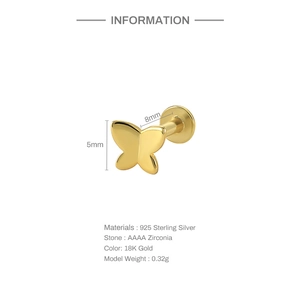 Detailed view of 18K gold butterfly earring with size labels and AAAA zirconia details