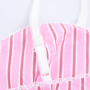 Sweet pink and white striped camisole top with delicate lace trim and adjustable straps