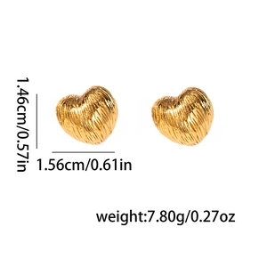 Detailed view of gold heart stud earrings with dimensions 1.56cm and weight 7.80g