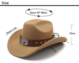 Detail view of khaki wool cowboy hat with size specs: 57-58cm brim and leather band