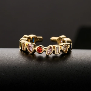 Irregular geometric open ring with colorful zircon stones in 18K gold plated copper
