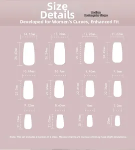 Size chart showing width and length in mm for medium square press-on nails set