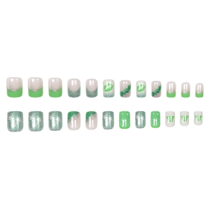 Short glossy St. Patrick's Day press-on nails set with green clover and silver glitter