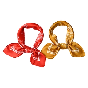 Red and gold paisley silk-satin square scarves with cashew floral prints on white background