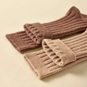 Thick ribbed knit wool socks for women in brown and khaki with cozy folded cuffs
