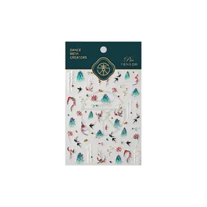 5D embossed phoenix and landscape nail stickers with gold accents and 3D texture