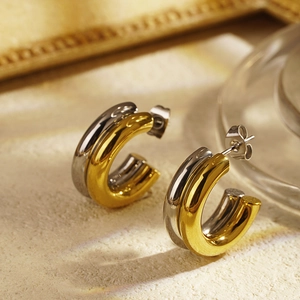 Chunky C-Shape Hoop Earrings Stainless Steel Gold Plated Double Ribbed French Retro Geometric Jewelry For Women