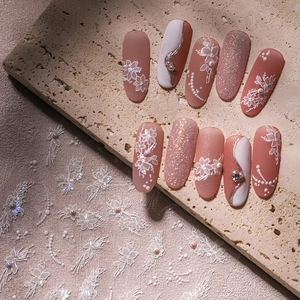 Stereo white flower pearl nail stickers with silver glitter relief nail art patches