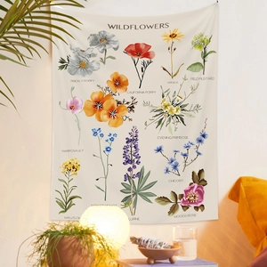 Detail of vintage wildflower tapestry with botanical illustrations and Latin plant names