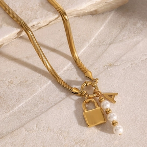 18k gold plated stainless steel snake chain necklace with lock and pearl charms