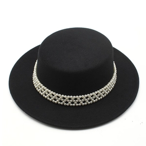 Elegant black wool felt boater hat with decorative triple row pearl band for women