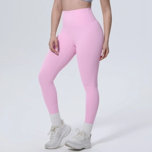 Detailansicht der nahtlosen rosa Yogahose mit hoher Taille und elastischem Matten-Gewebe