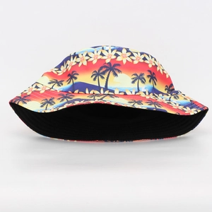 Vibrant tropical sunset floral print bucket hat for outdoor summer sun protection