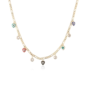 Gold plated evil eye necklace featuring colorful heart enamel charms and sparkling crystals