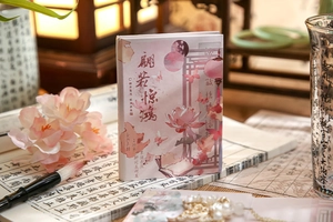 Detail of pink vintage Chinese style A7 notebook with floral elements and calligraphy art