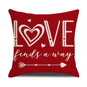 Red linen pillow cover with white LOVE finds a way print for Valentine sofa decor