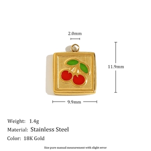 Detail showing 18K gold stainless steel square pendant with red cherry and size specs
