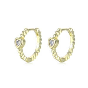 Sparkling gold-plated heart hoop earrings with cubic zirconia stones on white background