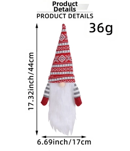 Detail showing dimensions of red and grey knitted Santa gnome wine bottle cover decor