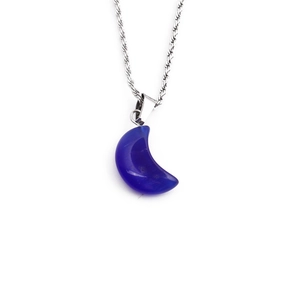 Silver twist chain necklace with a crescent-shaped dark blue crystal stone pendant
