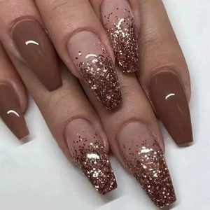 Ongles À Presser Coffin Marron Caramel Dégradé Pailleté Ballerine Faux Ongles Artificiels Pour Femmes Manucure Brillant