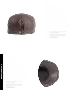 Detail view of adjustable metal buckle and inner brim on dark brown leather beret hat