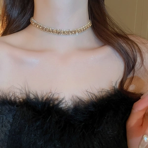 Nahaufnahme einer eleganten goldfarbenen Strass-Halskette mit schwarzem Feder-Oberteil