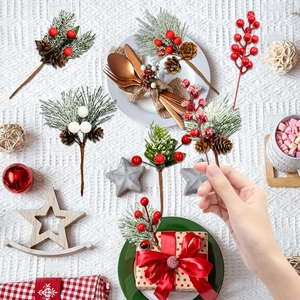 Christmas pine needle and red berry picks with snowballs for festive holiday gift decor