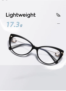 Detailed view of lightweight black cat-eye glasses frame with gold accents at 17.3g weight