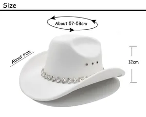 Detailed size chart for white cowboy hat with rhinestone chain and dimensions