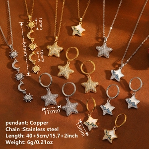 Star and moon stainless steel jewelry set with white shell inlay and cubic zirconia crystals