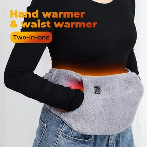 Two-in-one USB heated plush waist belt and hand warmer shown on model for cold weather