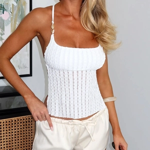 Women Halter Tank Top Pleated Knitted Fabric Backless Cutout Beaded Straps Sexy Slim Fit Sleeveless Crop Cami Top