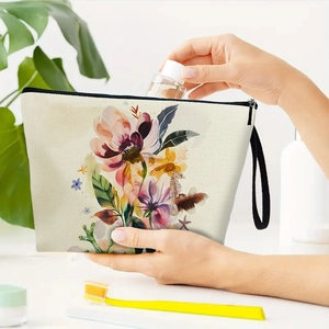Beauty case in tela con stampa floreale acquerello e motivi marini per cosmetici