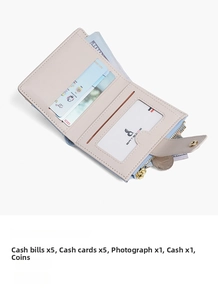 Short bifold wallet detail showing five card slots and one clear photo window in beige lining