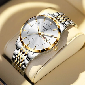 Men's luminous waterproof business watch with dual calendar on a display pillow