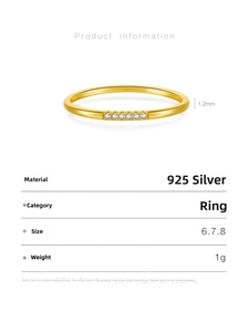 Detailed size guide for silver bead ring with five cubic zirconia stones in gold plating