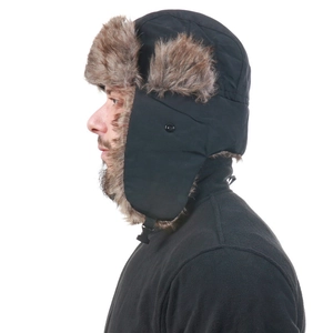 Detailed side view of waterproof trapper hat with warm faux fur lining and buckle