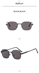 Front and 45-degree side view of black hexagonal metal sunglasses with polarized lenses