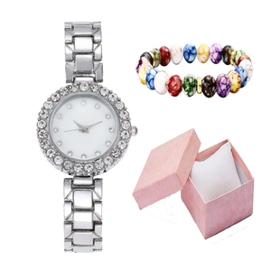 Elegant Women Quartz Wristwatch And Beaded Bracelet Alloy Titanium Buckle Rhinestone Bezel Simple Analog Dial Jewelry