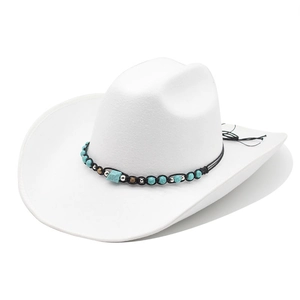 White wide brim felt cowboy hat with ethnic style turquoise bead band and rolled edge