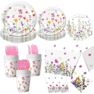 Wildflower themed disposable party tableware set with floral plates cups and cutlery