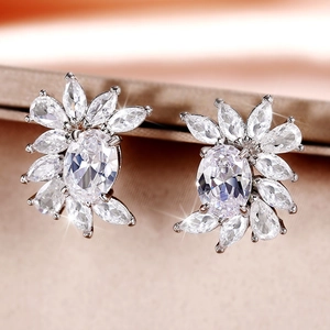 Macro shot of silver flower cluster stud earrings with sparkling cubic zirconia stones