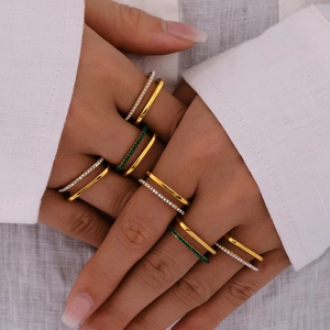 Double layered 18K gold plated stainless steel rings with zircon for women on hand