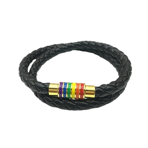 Black braided leather double wrap bracelet with rainbow magnetic clasp and gold finish