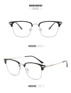 Front and 45-degree side view of classic retro semi-rimless glasses in black and silver