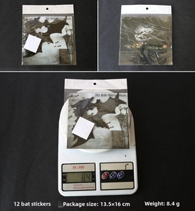 Detailed view of 3D Halloween bat stickers set with packaging and product weight display