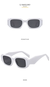 Detailed front and side view of square white sunglasses with grey UV lenses